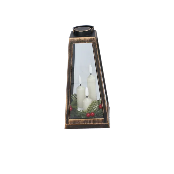 Lampion LED 11 × 11 × 24 cm z trzema świeczkami i stroikiem