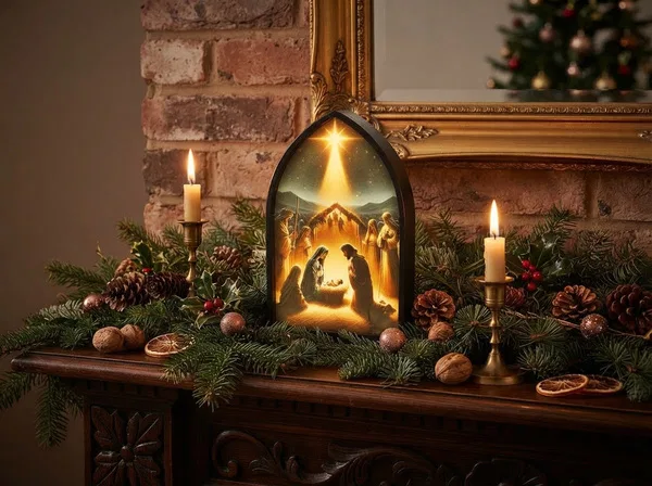 Obraz w ramce LED - szopka bożonarodzeniowa z gwiazdą 13 × 21 × 4 cm