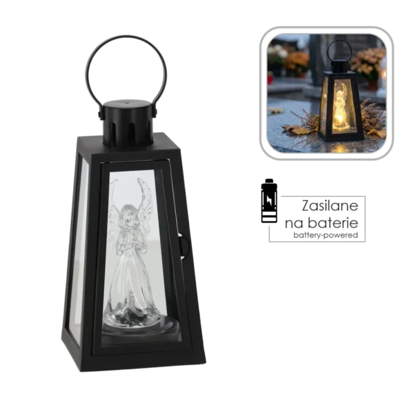 Czarny lampion LED z aniołkiem – 10 × 10 × 20 cm, ciepłe białe światło