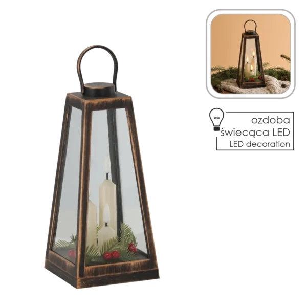 Lampion LED 11 × 11 × 24 cm z trzema świeczkami i stroikiem