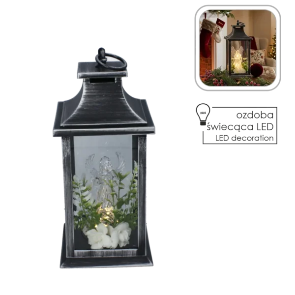 Lampion LED z aniołem i białymi kwiatami – 14 × 14 × 30 cm